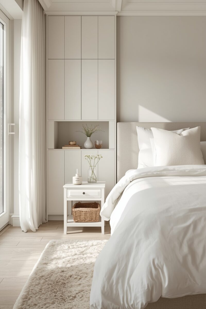 Minimalist white bedroom with built-in wardrobe, white nightstand, wicker basket, and crisp white bedding in natural light