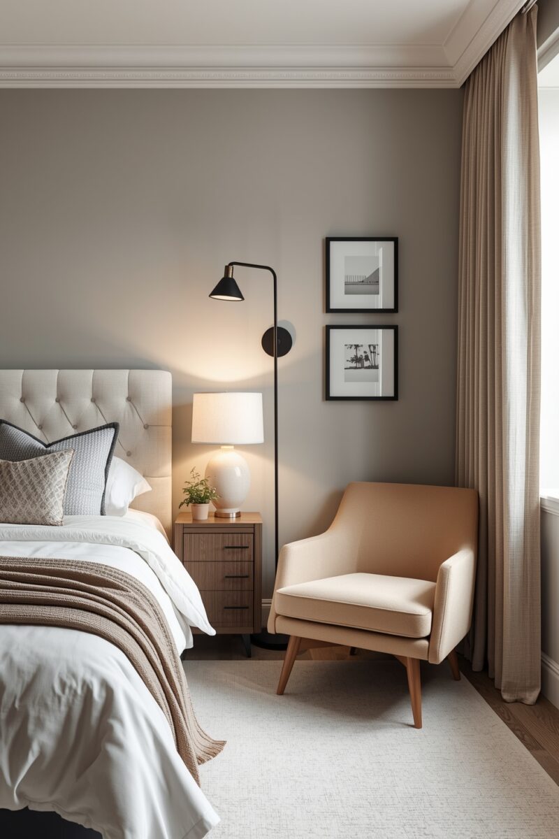 Elegant neutral bedroom with tufted headboard, beige armchair, floor lamp, nightstand, and two framed art prints