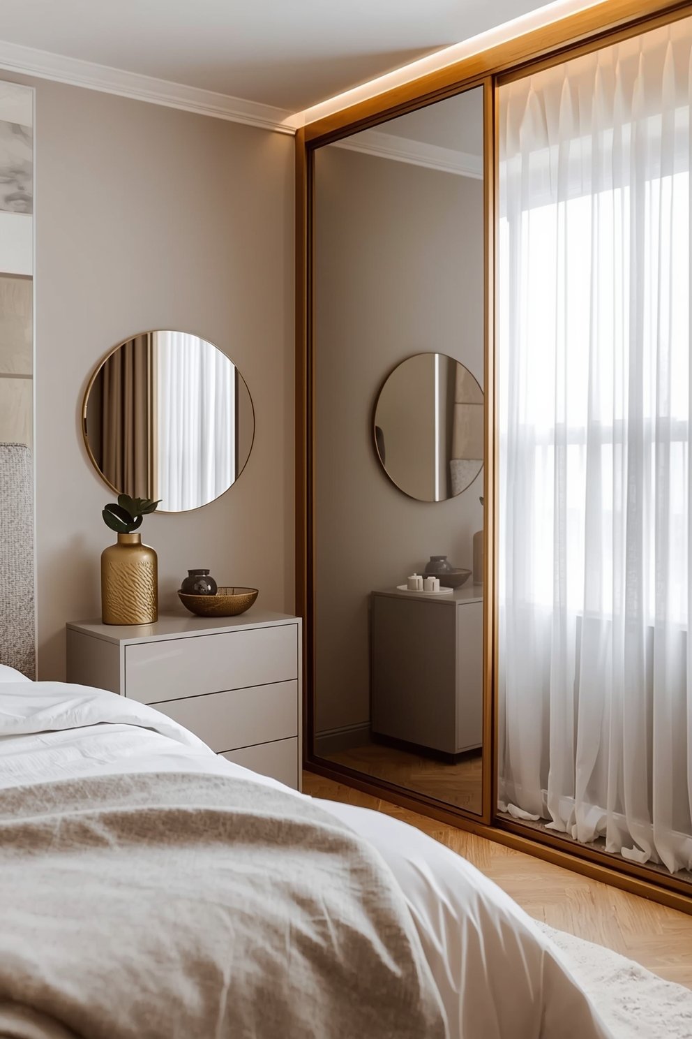 Modern bedroom with gold-framed mirrored wardrobe, round wall mirror, white dresser, and neutral beige tones