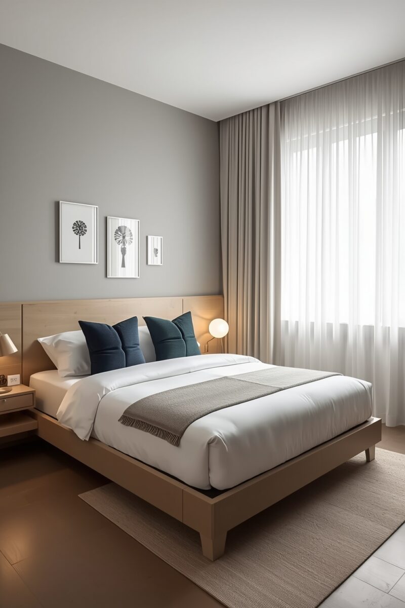 Modern minimalist bedroom with wooden bed frame, white bedding, navy pillows, sheer curtains, and soft ambient lighting