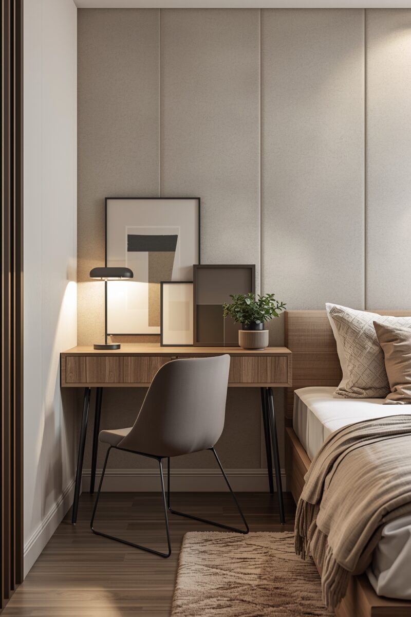 Modern bedroom corner with wooden desk, gray chair, table lamp, framed art, and small plant next to a cozy bed