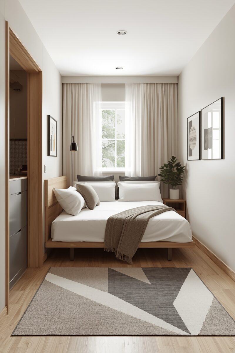 Modern minimalist bedroom with wooden bed frame, white bedding, geometric rug, and natural light from window