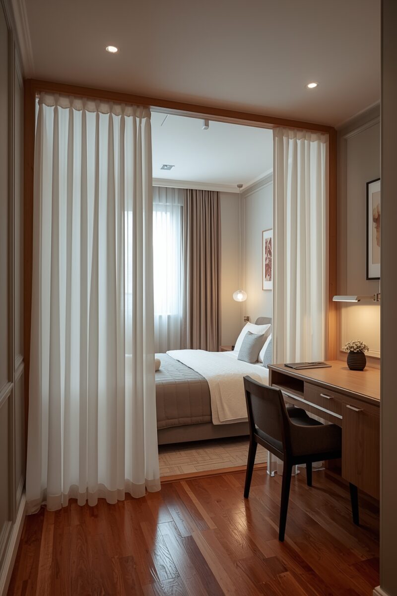 Modern bedroom with white sheer curtain room divider, wooden desk, chair, and warm pendant lighting on hardwood floors