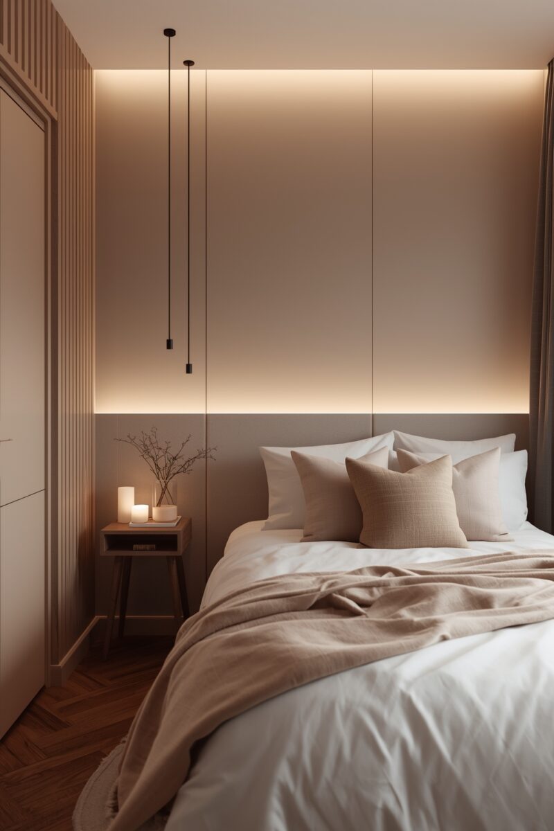 Modern minimalist bedroom with warm LED backlit wall, pendant lights, white bedding, and beige throw blanket