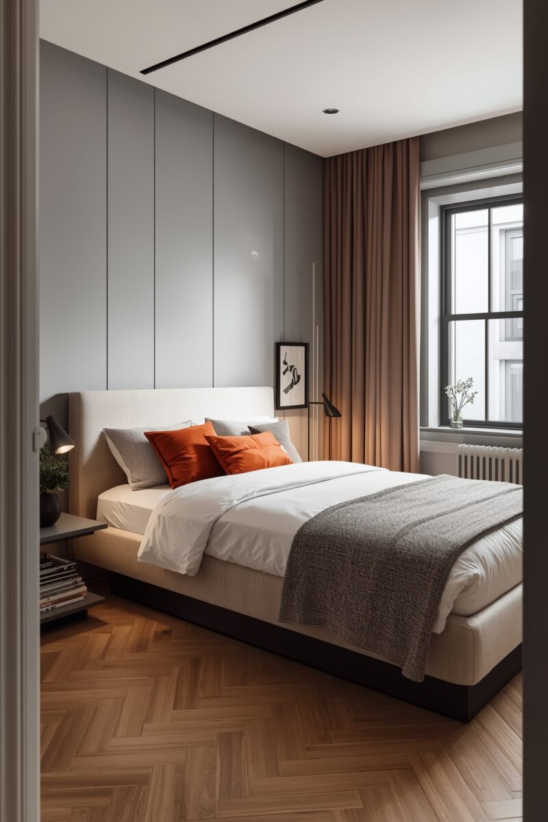 Modern minimalist bedroom with gray paneled walls, orange accent pillows, white bedding, and herringbone wood floor