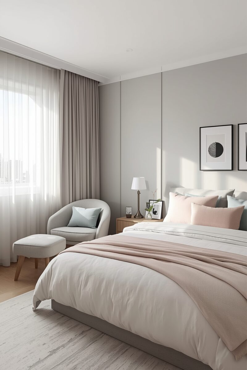 Modern minimalist bedroom with soft pink and grey tones, upholstered bed, round accent chair, and sheer curtains