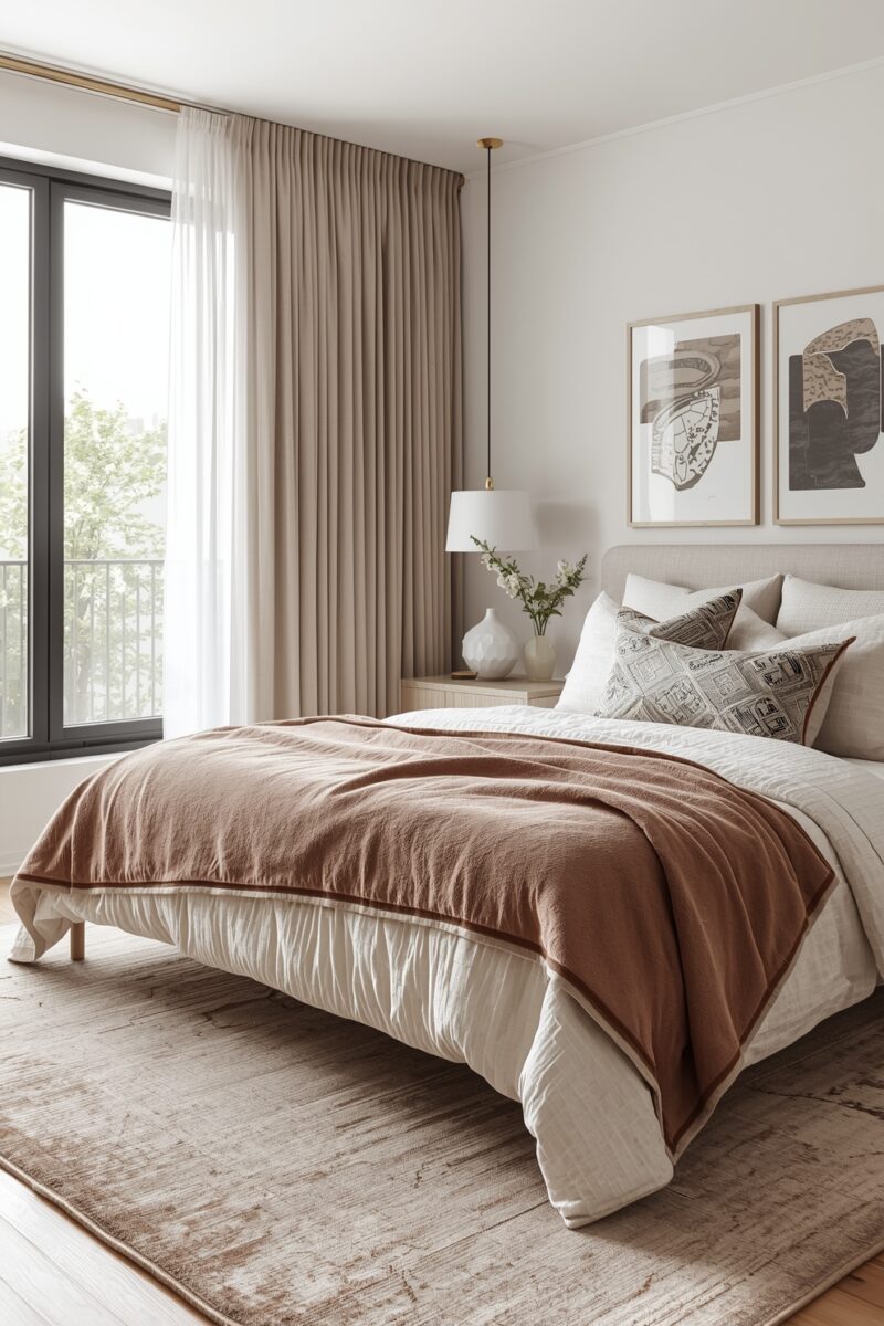 Modern minimalist bedroom with beige upholstered bed, terracotta blanket, neutral curtains, and abstract wall art