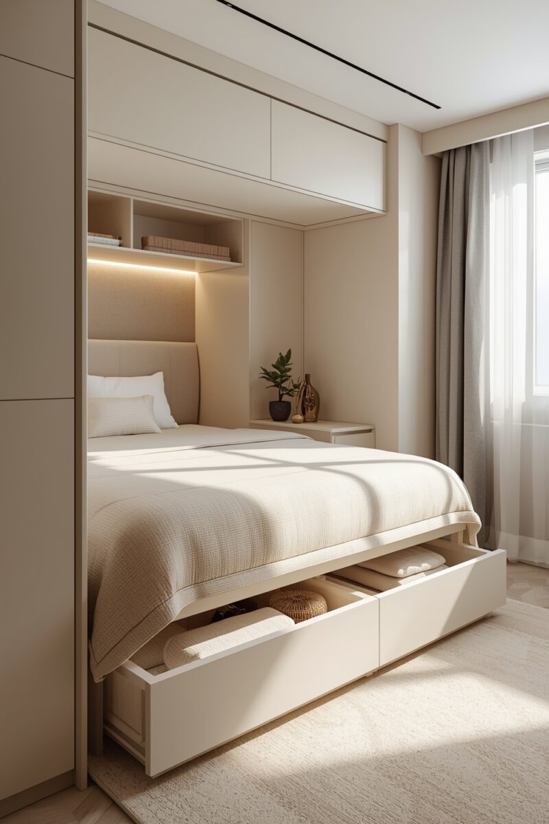 Modern minimalist bedroom with built-in overhead cabinets, under-bed storage drawers, and warm LED lighting