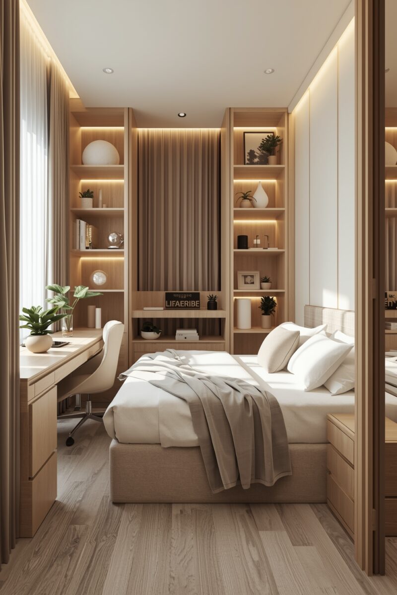 Modern minimalist bedroom with warm wood built-in shelves, white bedding, desk workspace, and soft LED lighting