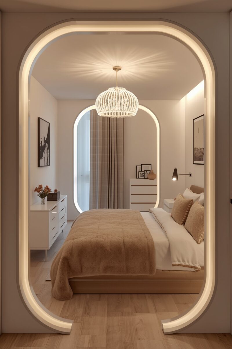 Elegant bedroom viewed through illuminated rounded arch doorway with beaded pendant light, neutral tones, and wood floors