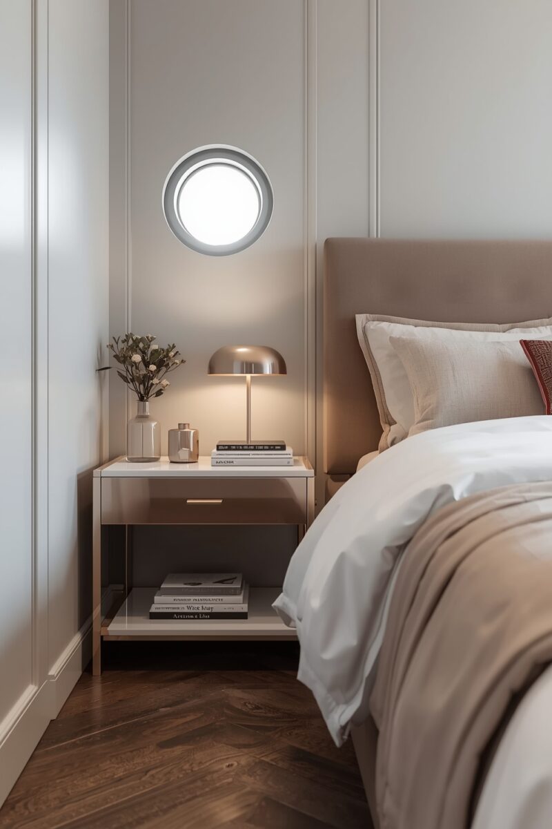 Elegant bedroom nightstand with rose gold lamp, stacked books, and small floral vase beside a neatly made bed with neutral bedding