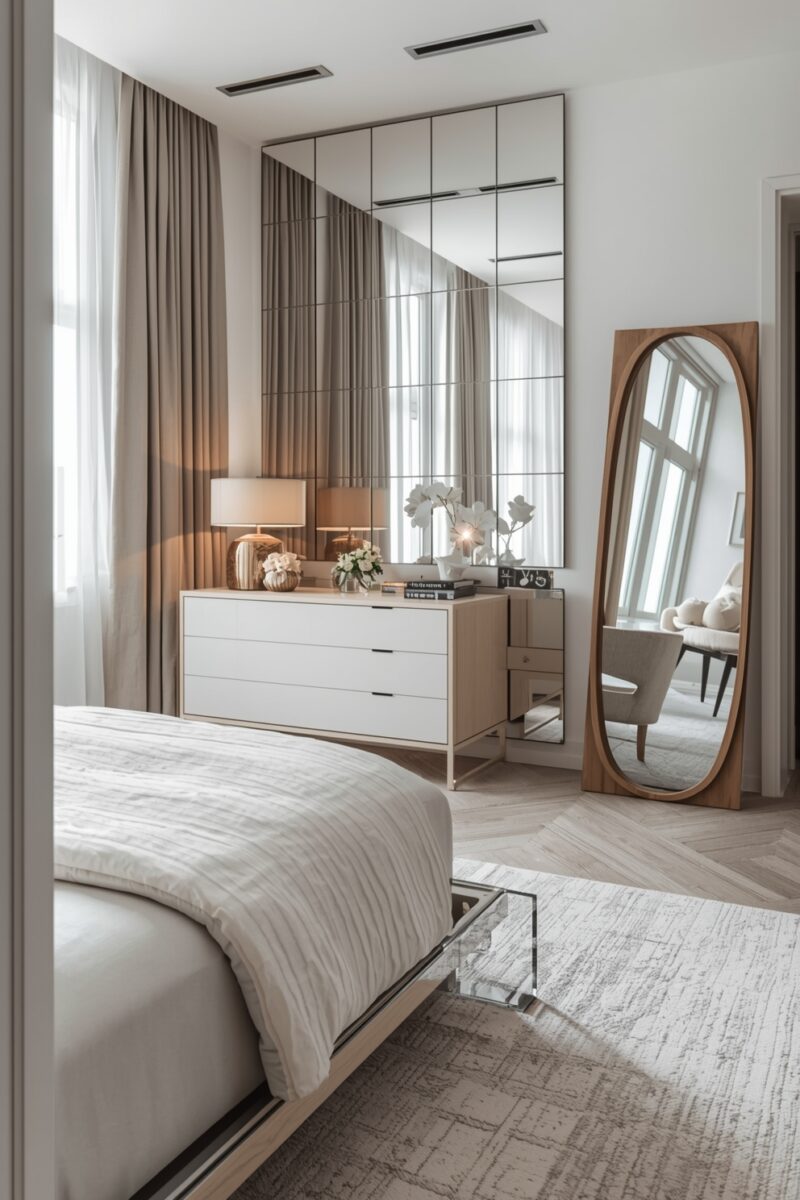 Modern luxury bedroom with white dresser, large wall mirror, floor-length wooden mirror, and neutral toned bedding