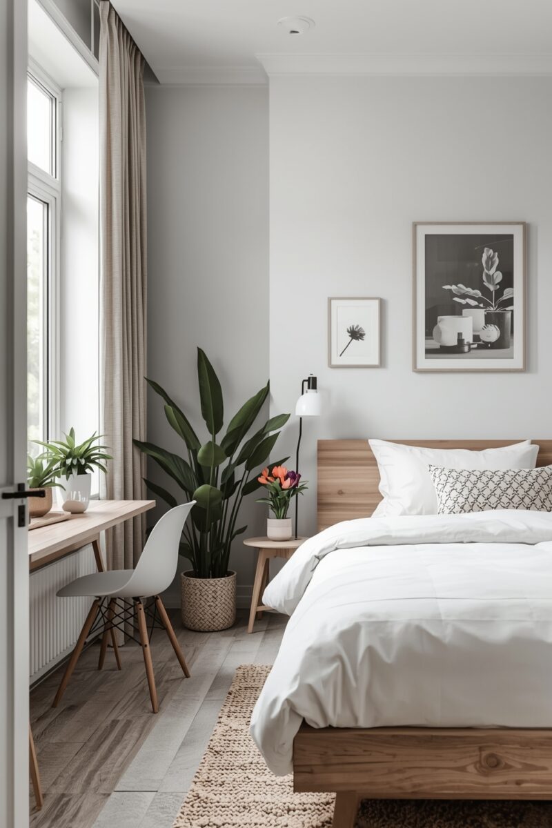Minimalist Scandinavian bedroom with wooden bed, white bedding, desk, Eames chair, and tropical houseplants