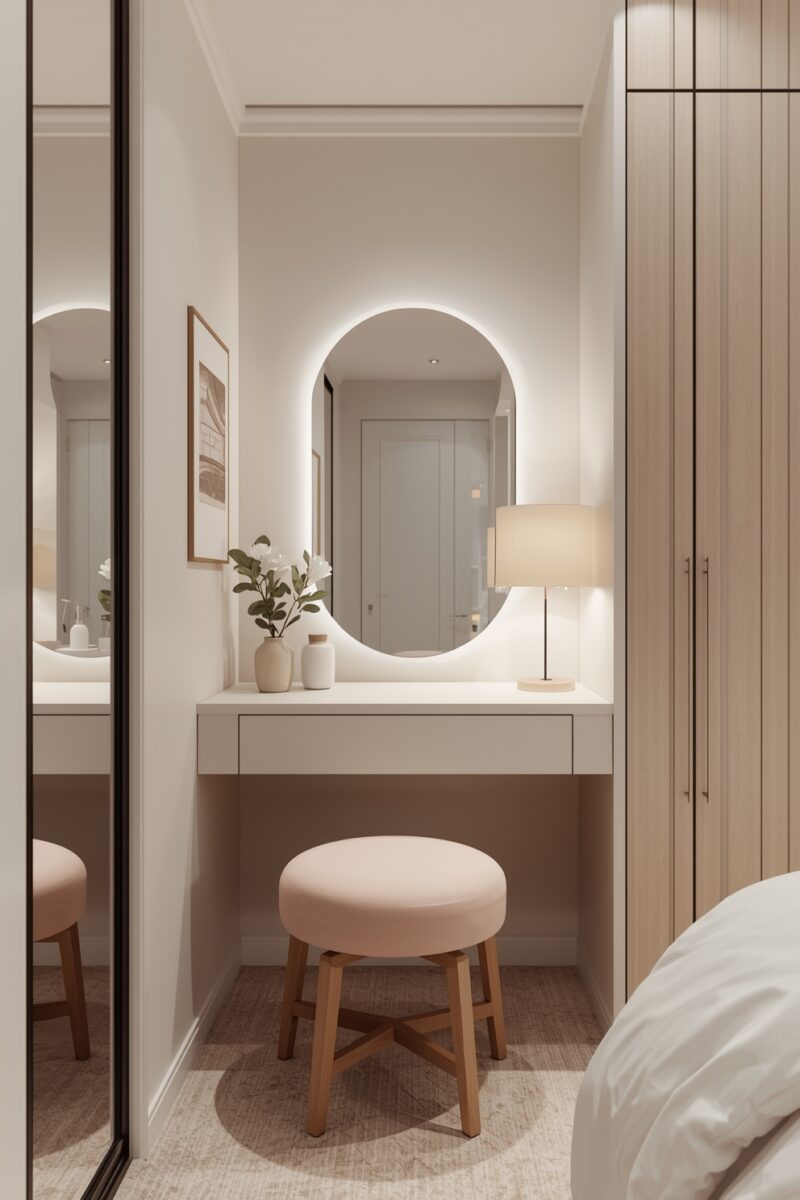 Modern minimalist bedroom vanity with oval backlit mirror, white floating desk, pink stool, and warm lamp
