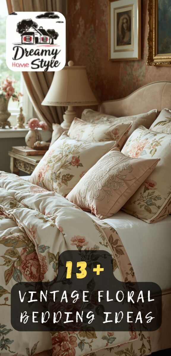 Vintage floral bedding with pink roses on cream comforter and pillows in a romantic cottage-style bedroom