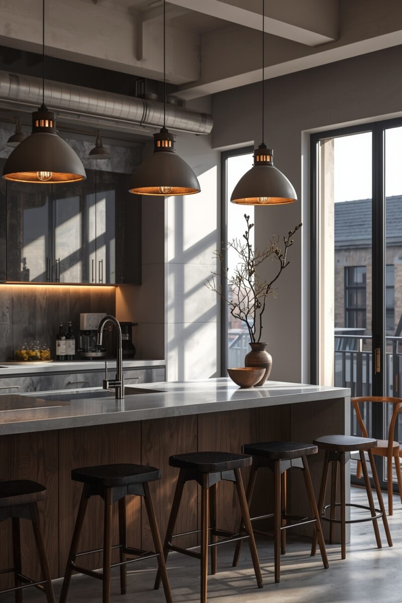 Modern industrial kitchen with dark pendant lights over marble island, wood bar stools, and large windows