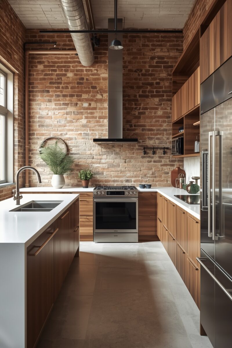 Modern industrial kitchen with exposed brick wall, walnut cabinets, white countertops, stainless steel appliances, and ductwork ceiling