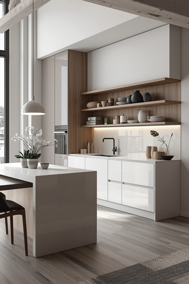 Modern minimalist kitchen with white gloss cabinets, open wooden shelves, black faucet, and kitchen island