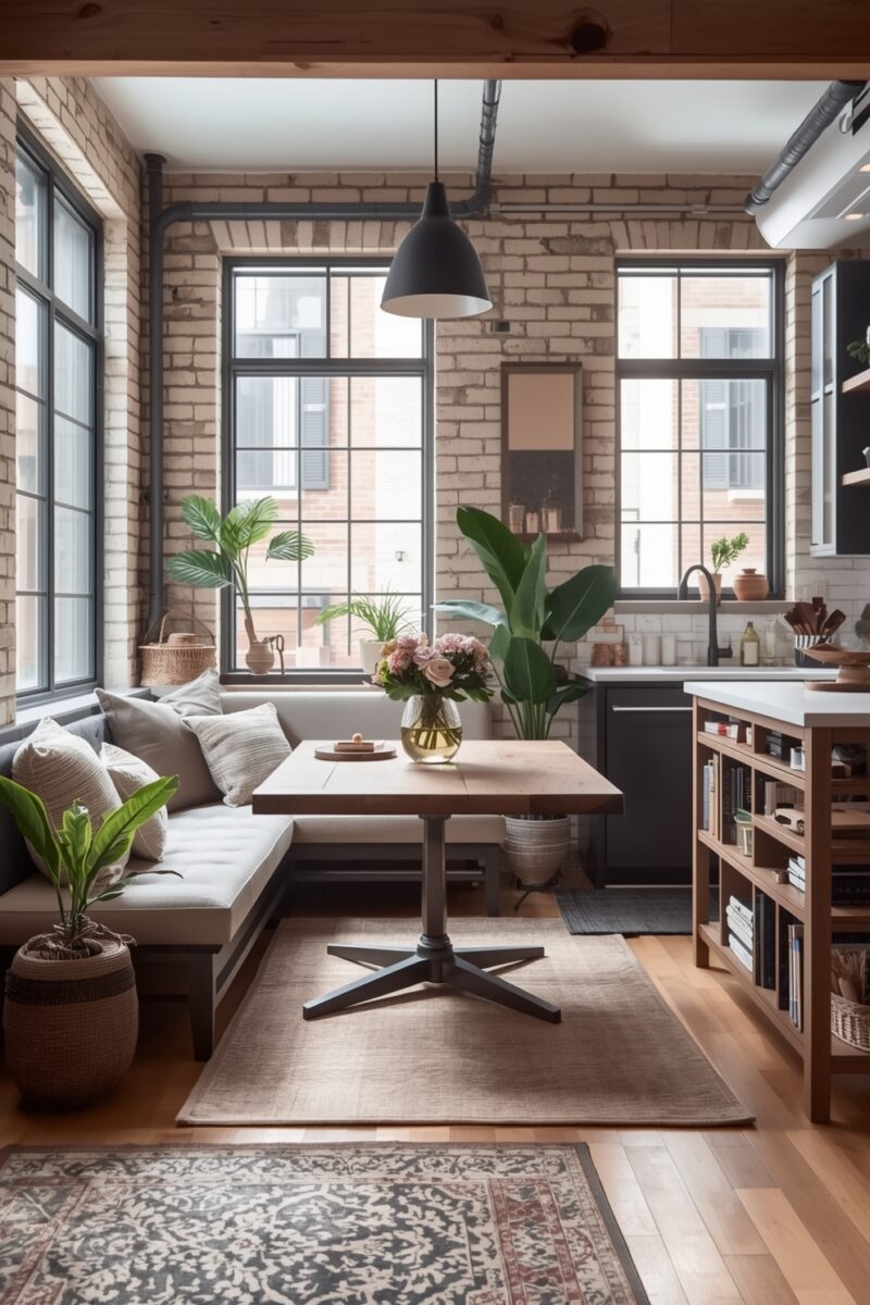 Industrial loft dining nook with exposed brick walls, L-shaped banquette, wooden table, pendant light, and open kitchen