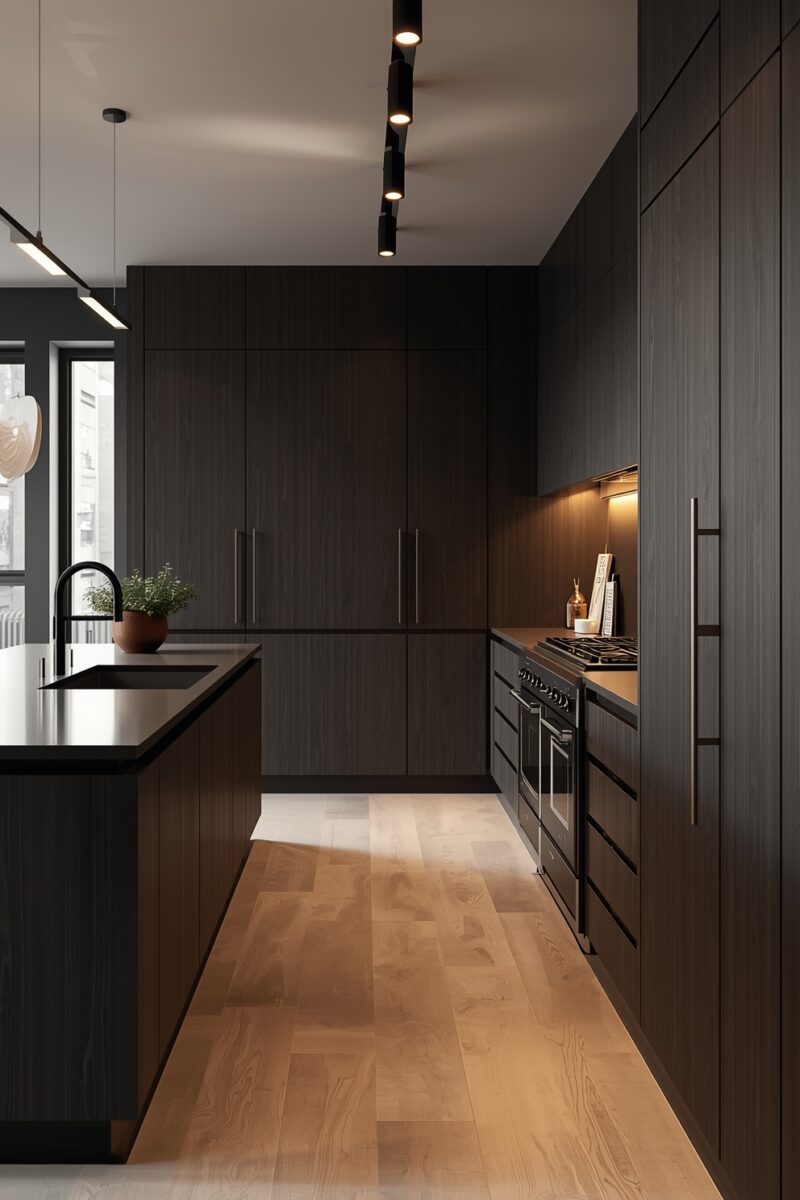 Modern luxury kitchen with dark wood cabinets, light hardwood floors, track lighting, and professional gas range