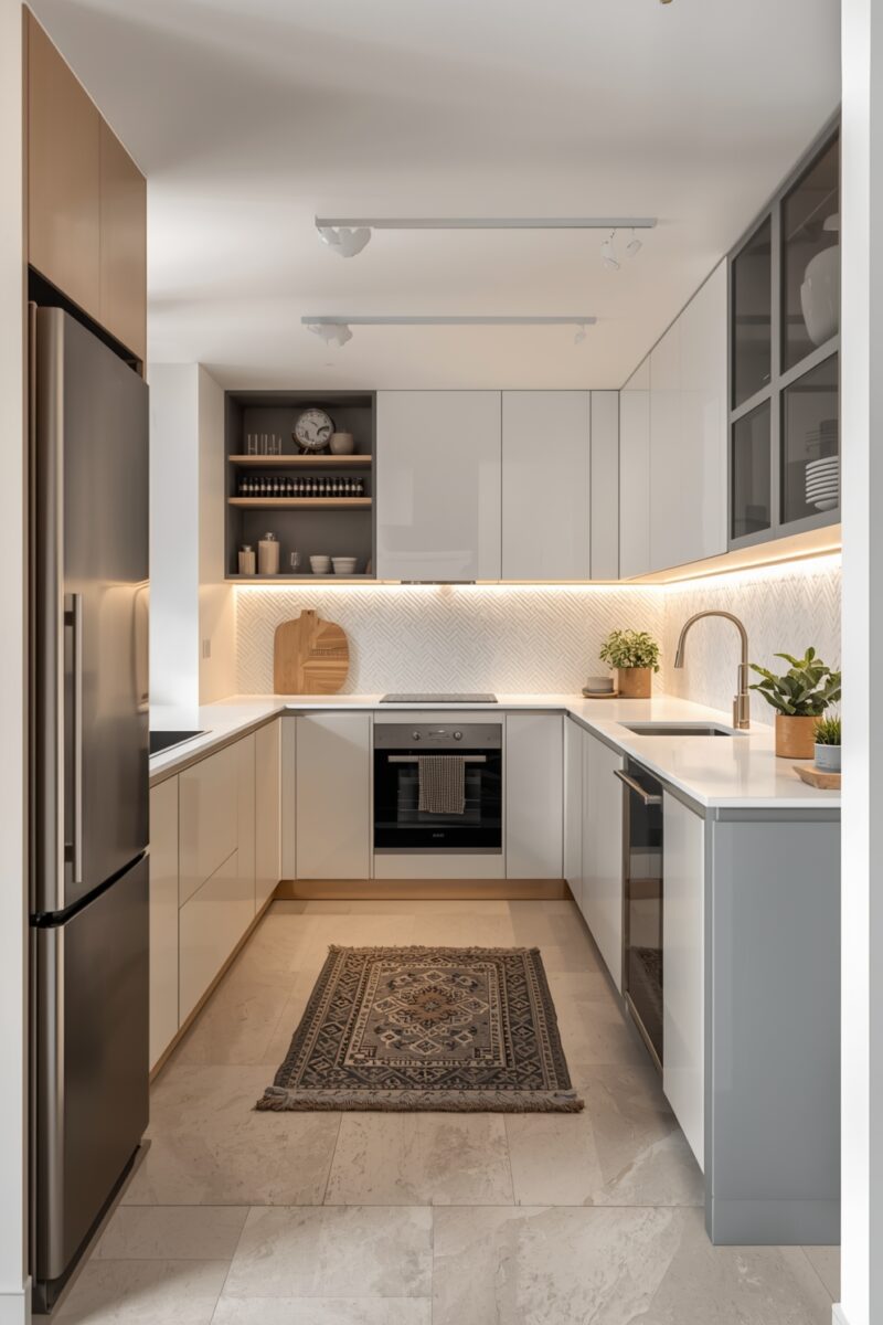 Modern U-shaped kitchen with white and gray cabinets, stainless steel appliances, herringbone backsplash, and boho rug