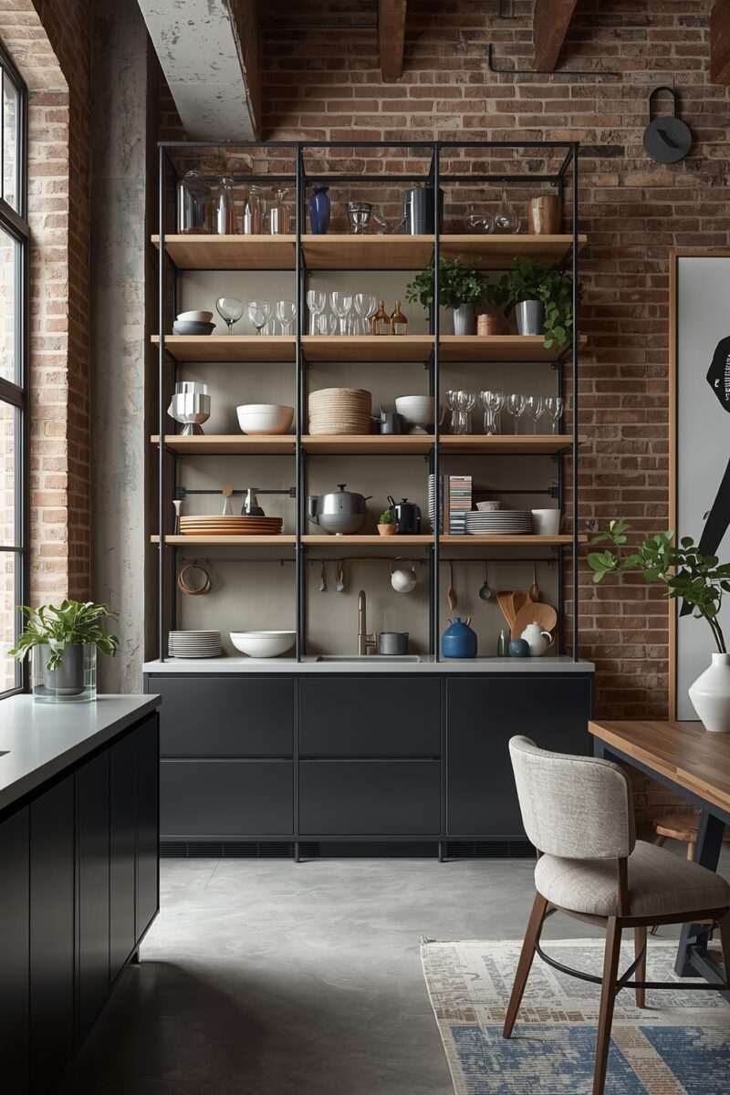 Industrial kitchen with open metal and wood shelving displaying glassware, bowls, and cookware against exposed brick wall