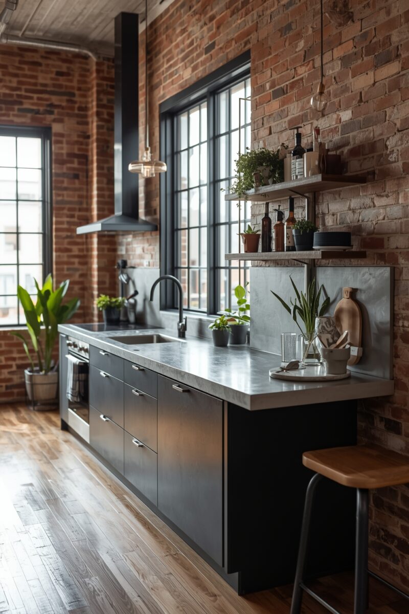 Industrial loft kitchen with dark cabinets, concrete countertops, exposed brick walls, and large steel-frame windows