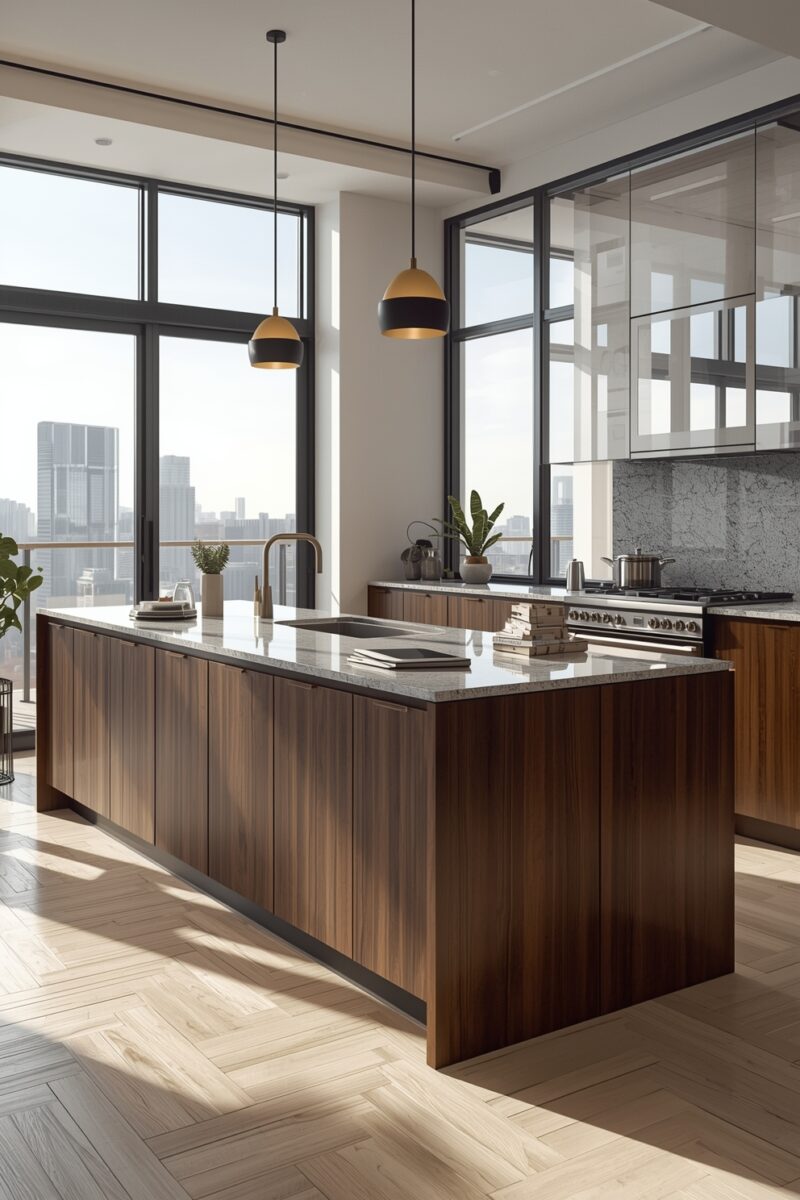 Modern luxury kitchen with walnut island, granite countertops, pendant lights, and floor-to-ceiling city view windows