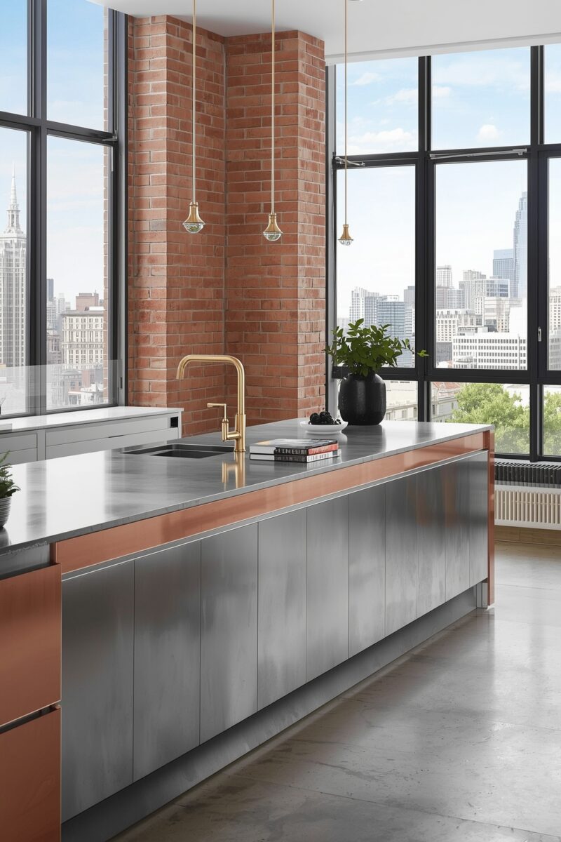 Modern industrial kitchen with stainless steel and copper island, brass faucet, exposed brick, and floor-to-ceiling city views