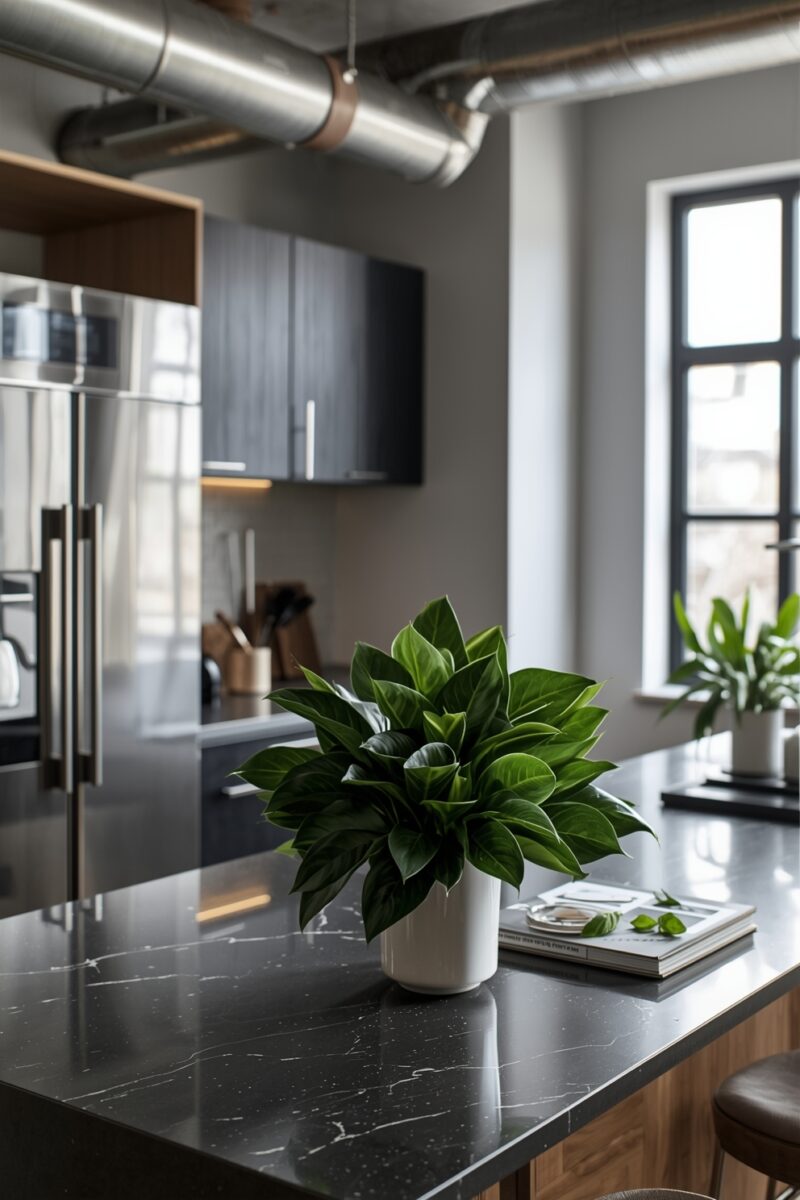 Modern industrial loft kitchen with dark marble island, green potted plant, stainless steel fridge, and exposed ceiling pipes