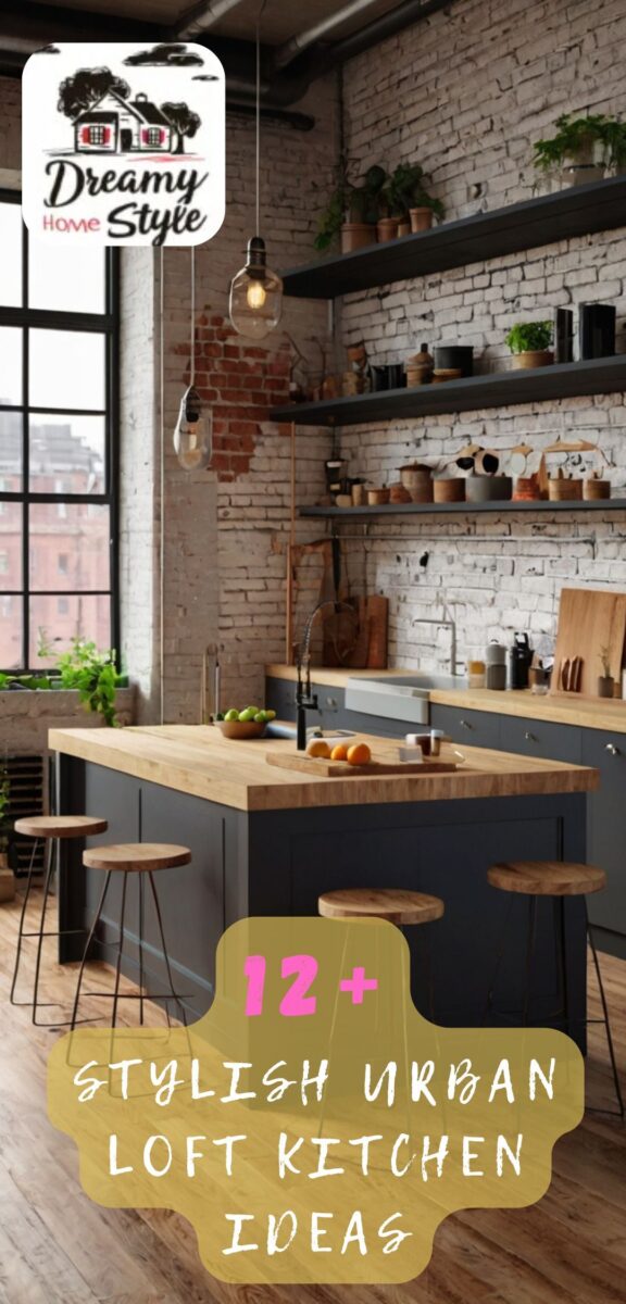 Urban loft kitchen with dark navy island, butcher block countertops, exposed brick walls, and open shelving
