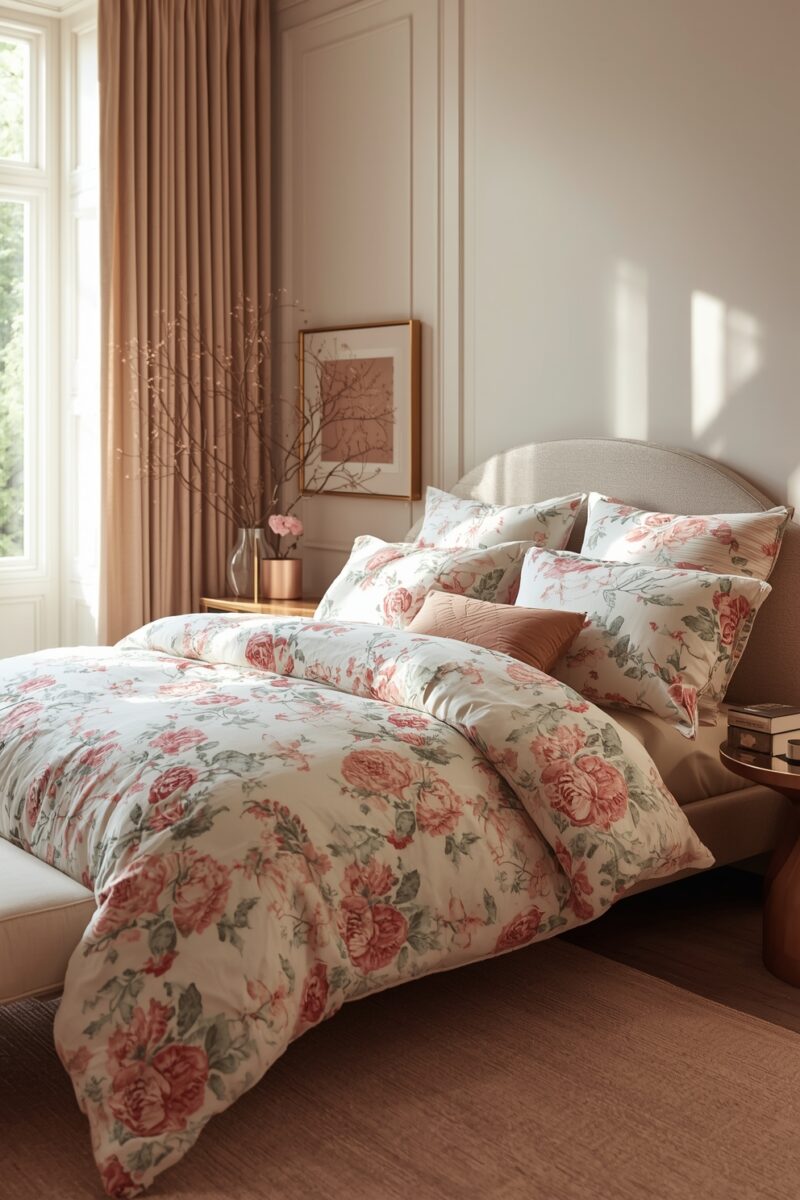 Elegant bedroom with floral rose duvet cover set in pink and cream tones, styled with matching pillows and warm neutral decor