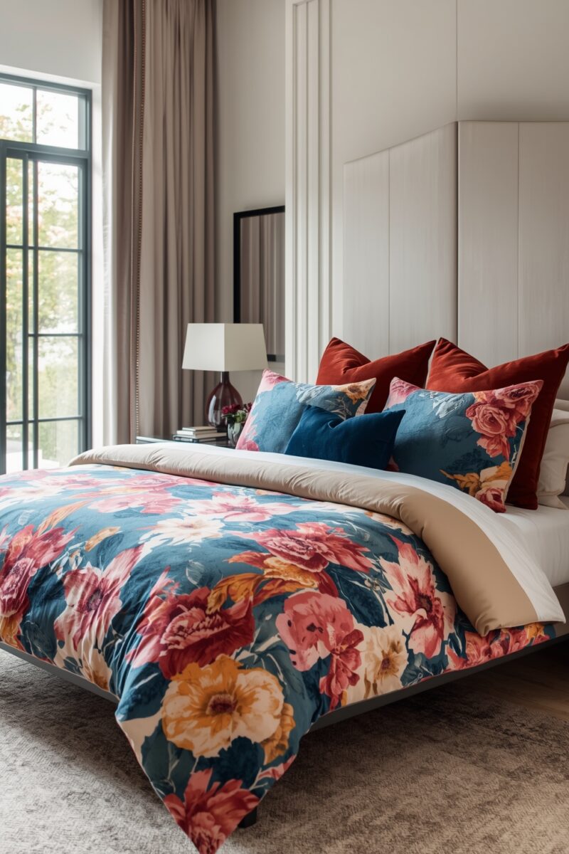 Elegant bedroom with bold floral duvet cover in blue, red, and gold tones with velvet accent pillows