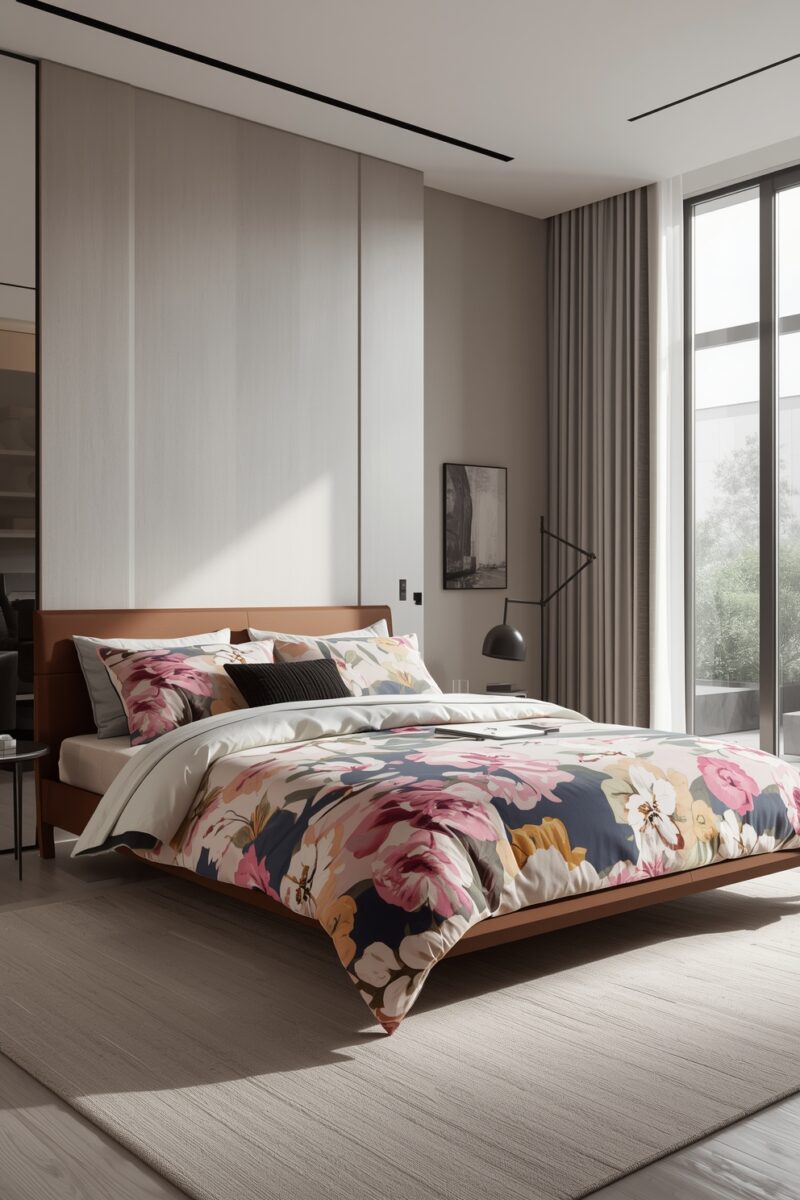 Modern minimalist bedroom with bold floral duvet, walnut platform bed, and floor-to-ceiling windows