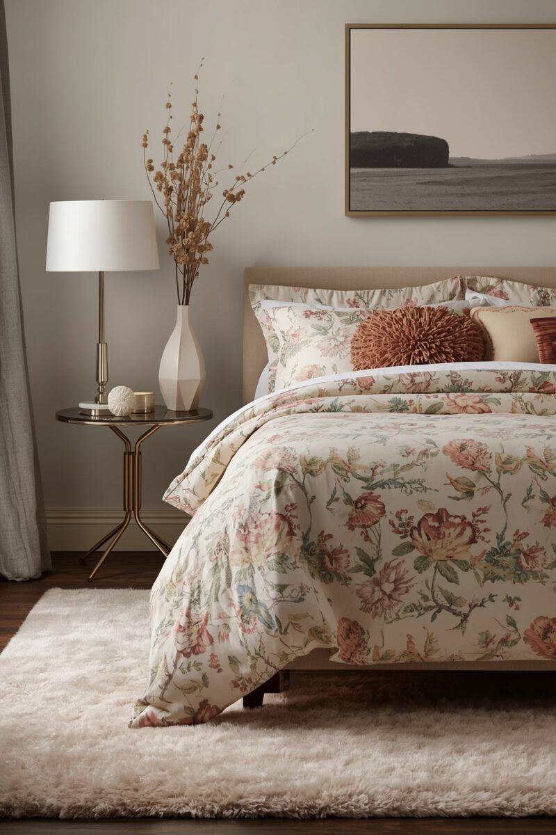 Elegant bedroom with floral duvet cover, decorative pillows, gold nightstand lamp, and plush white rug