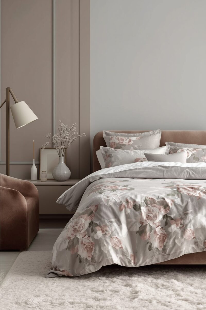 Elegant bedroom with floral rose duvet, velvet headboard, gray walls, fluffy rug, and minimalist nightstand with lamp