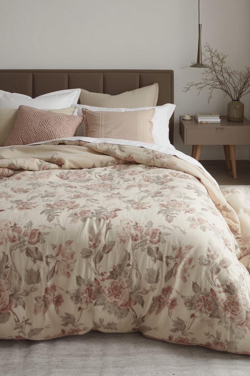 Elegant bedroom with cream floral duvet cover, layered neutral pillows, brown upholstered headboard, and minimalist nightstand