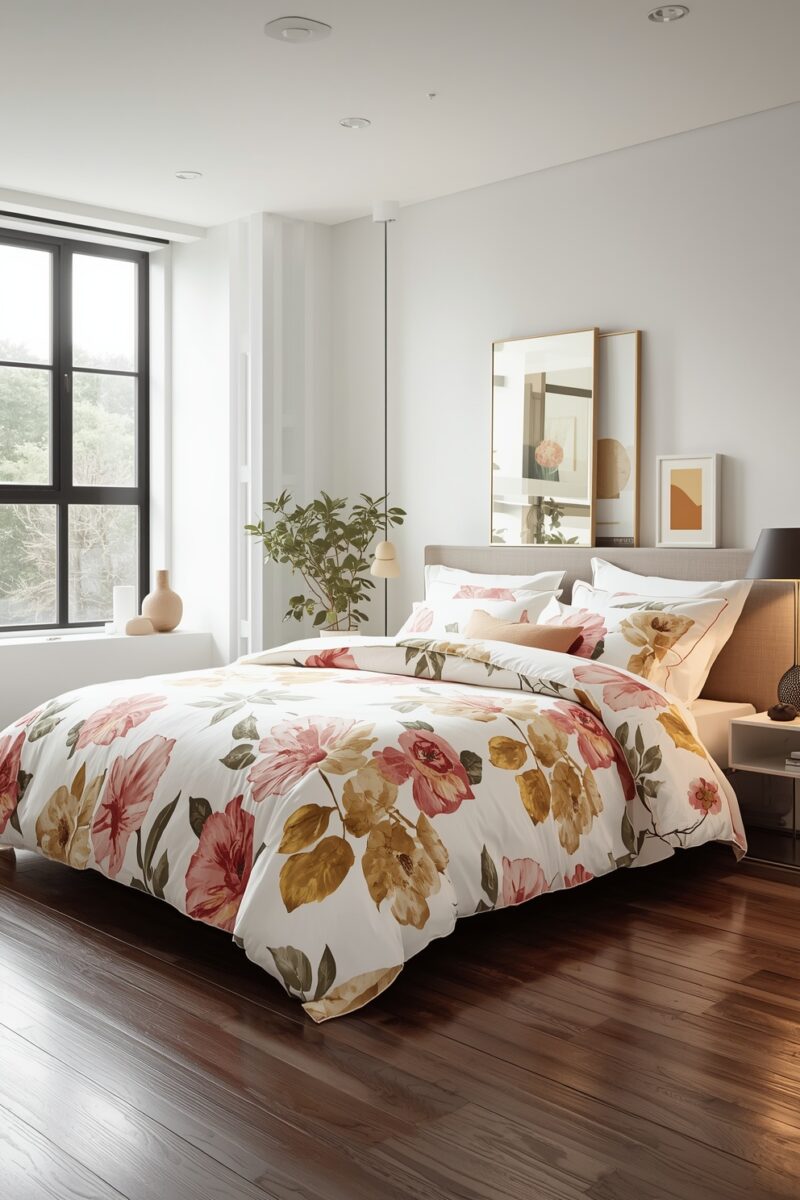 Modern bedroom with floral duvet cover featuring pink and golden flowers on white background, hardwood floors, and large windows