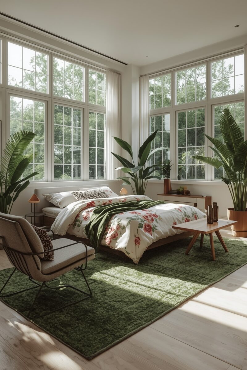 Bright bedroom with floral bedding, green rug, tropical plants, and large floor-to-ceiling windows overlooking trees