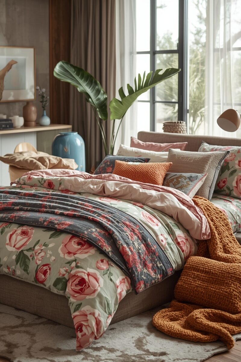 Cozy bedroom with floral rose duvet, layered pillows, mustard knit throw, tropical plant, and natural light from large window