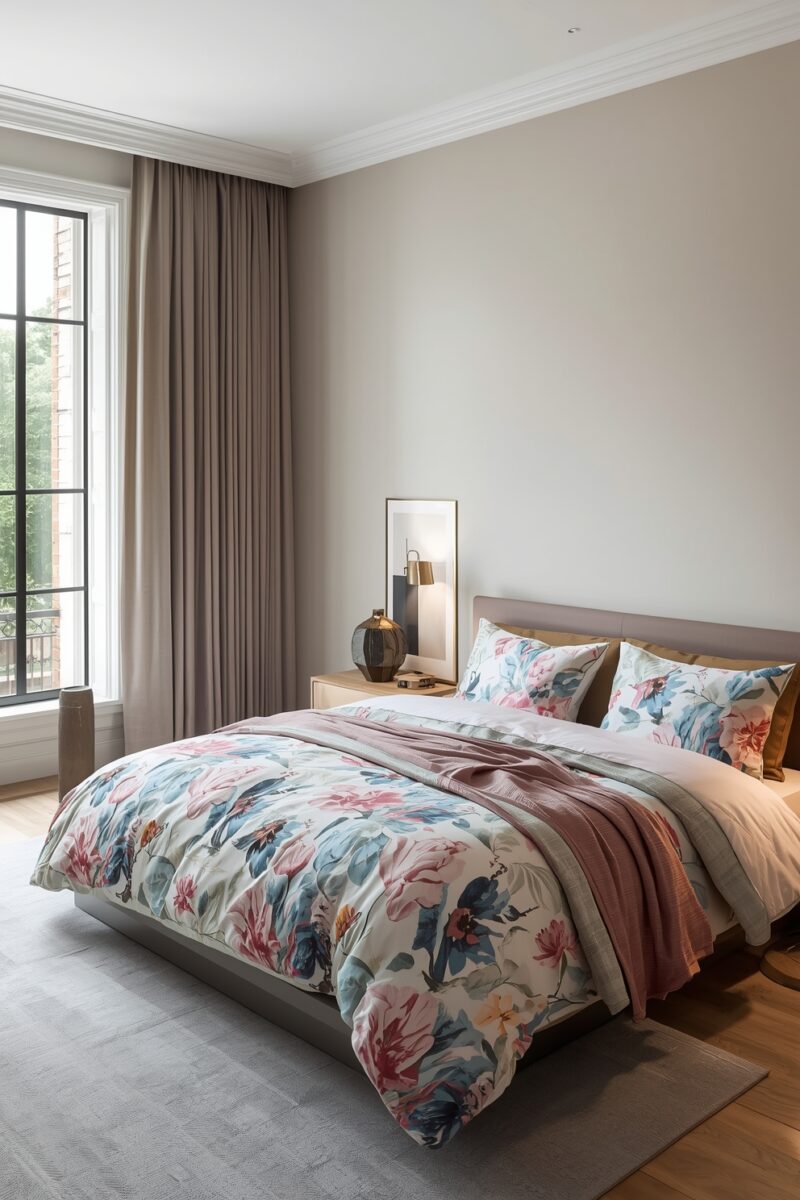 Elegant bedroom with floral duvet, pink throw blanket, neutral walls, large window with taupe curtains, and wooden nightstand