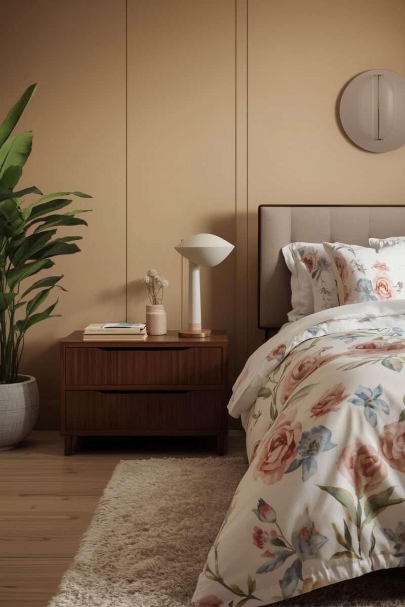 Cozy bedroom with floral duvet, walnut nightstand, white table lamp, and tropical plant on wood floor