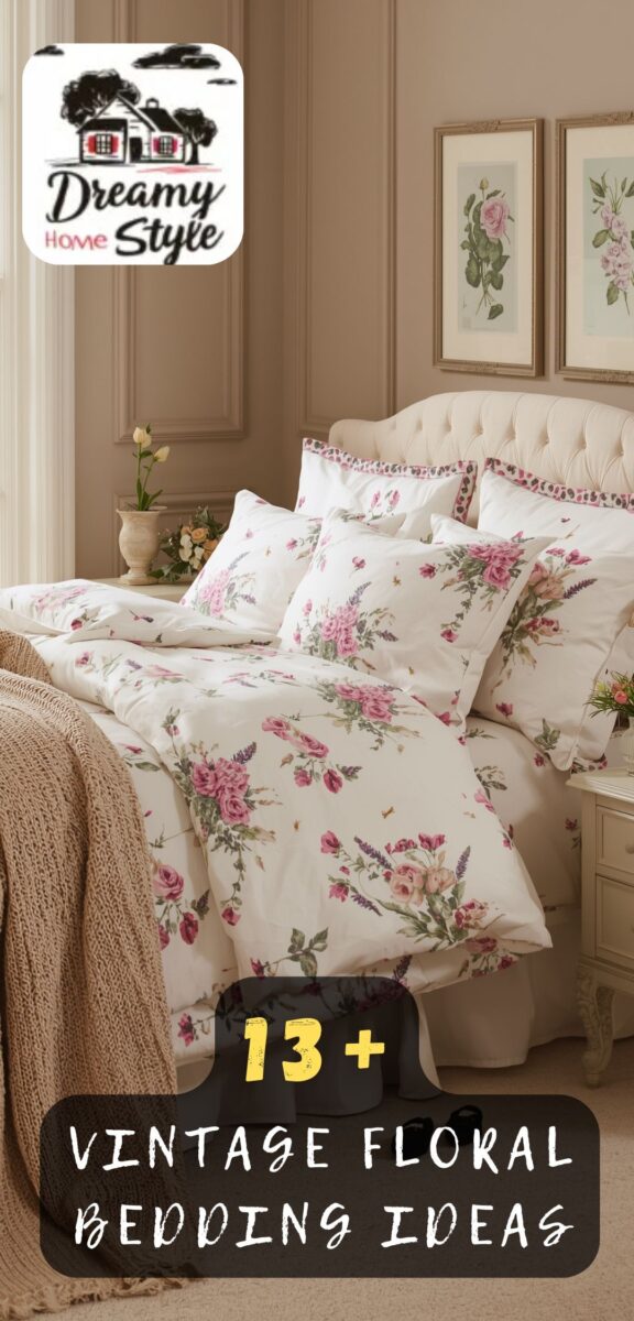 Vintage floral bedding set with pink roses on white duvet, tufted cream headboard, botanical wall art