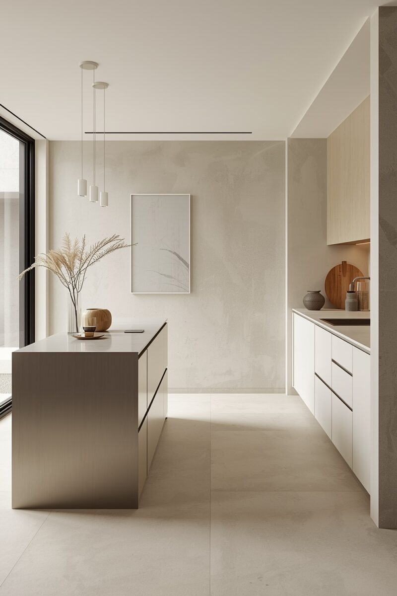 Modern minimalist kitchen with white cabinets, taupe island, pendant lights, and neutral beige tones