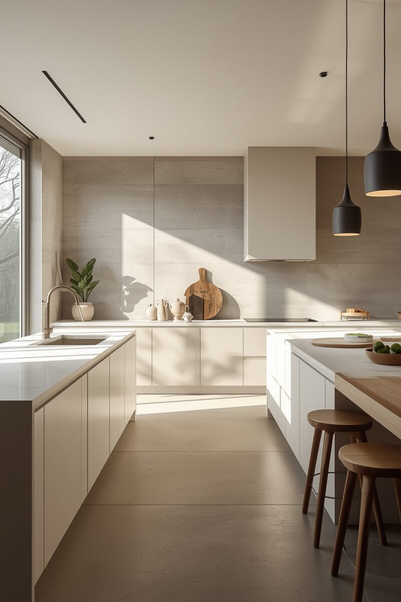 Modern minimalist kitchen with white flat-front cabinets, stone backsplash, wooden bar stools, and black pendant lights
