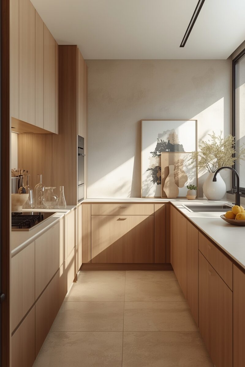 Modern minimalist kitchen with warm wood cabinetry, white countertops, black faucet, and natural light casting shadows