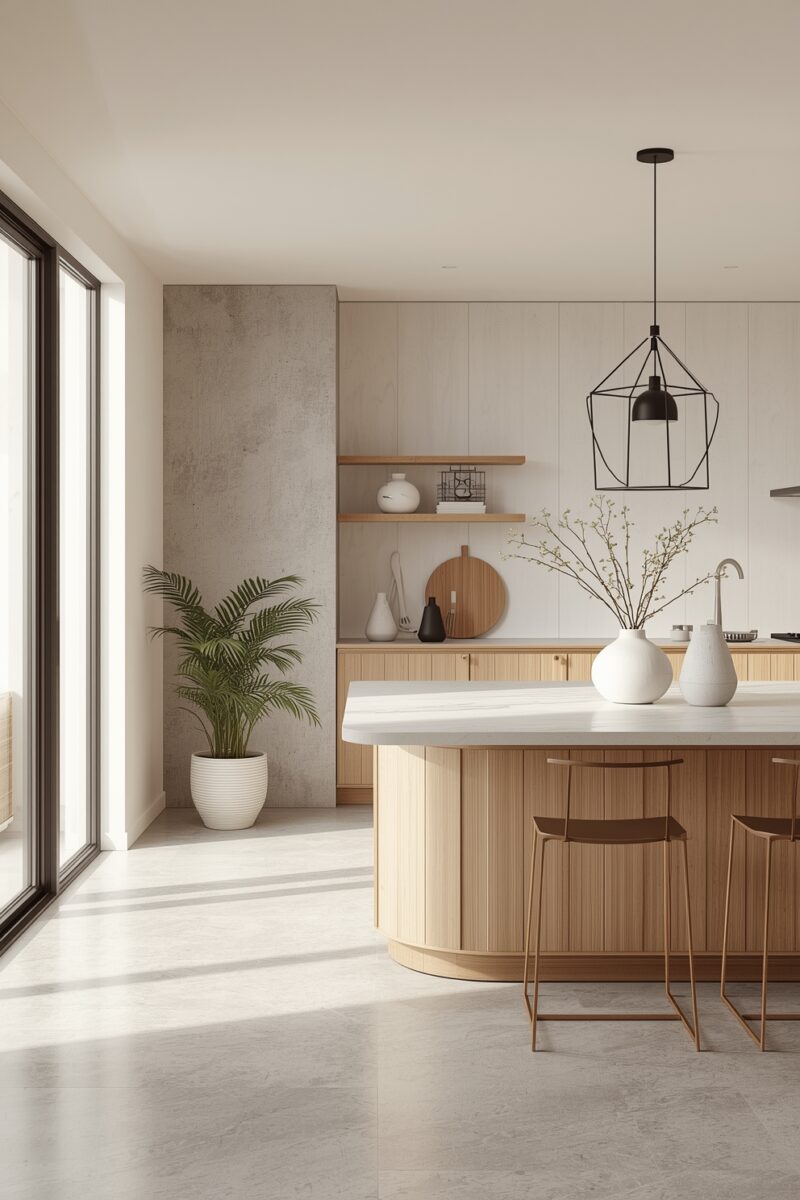 Modern minimalist kitchen with curved wood island, white marble countertop, pendant light, and natural palm plant