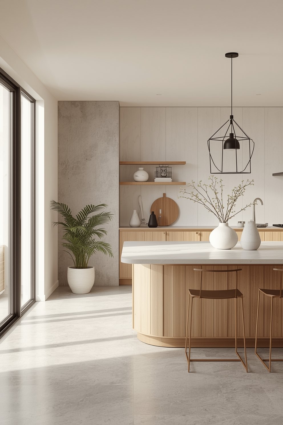 Modern minimalist kitchen with curved wood island, white marble countertop, pendant light, and natural palm plant