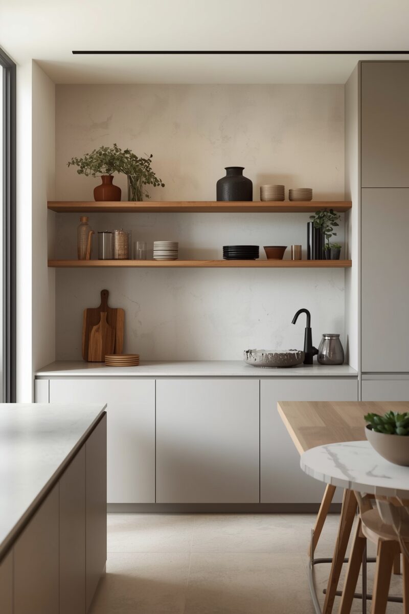 Modern minimalist kitchen with open wooden shelves, grey flat-front cabinets, black faucet, and earthy ceramic decor