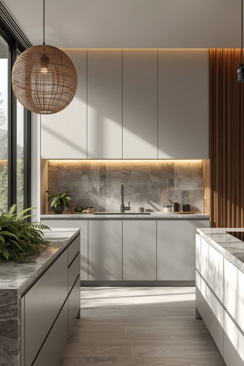 Modern minimalist kitchen with white cabinets, marble countertops, woven pendant light, and wood accent wall with LED backlighting
